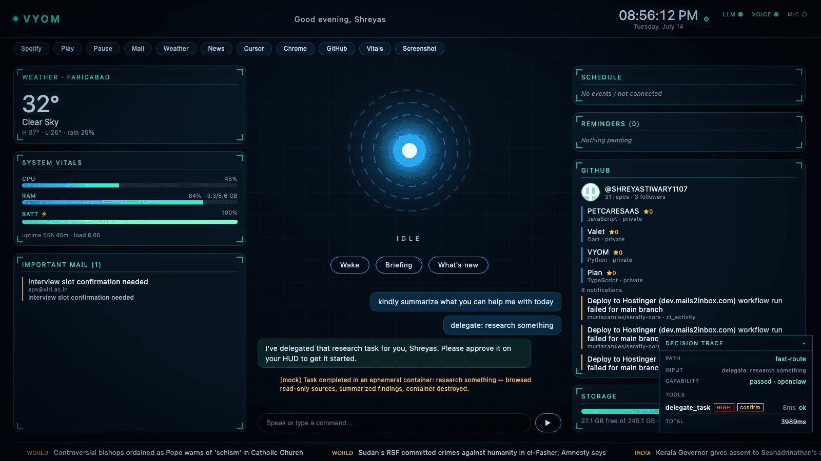 Result of an approved delegated task displayed in the HUD